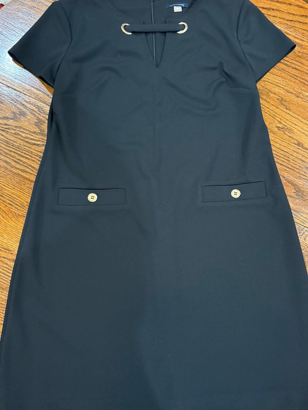 Tommy Hilfiger Black Short-Sleeve Sheath Dress with Gold-Tone Accents